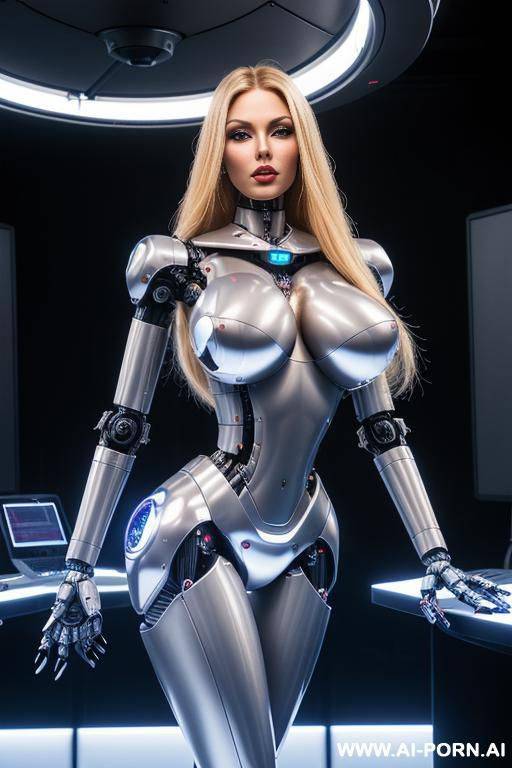 sexbot, front view, full body view, standing upright, hands on spaceship control desk, looking at viewer, beautiful seductive human face with tanned silicone skin, long straight blonde hair, big - #main