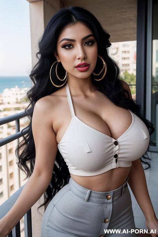 balcony, crop top, extremely pretty, makeup, full lips, button nose, ahegao, flowing hair, hoop earrings, big round boobs, tight waist, eye contact, looking at viewer - #main