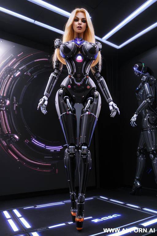 sexbot, front view, full body view, standing upright, hands on spaceship control desk, looking at viewer, beautiful seductive human face with tanned silicone skin, long straight blonde hair, big - #main