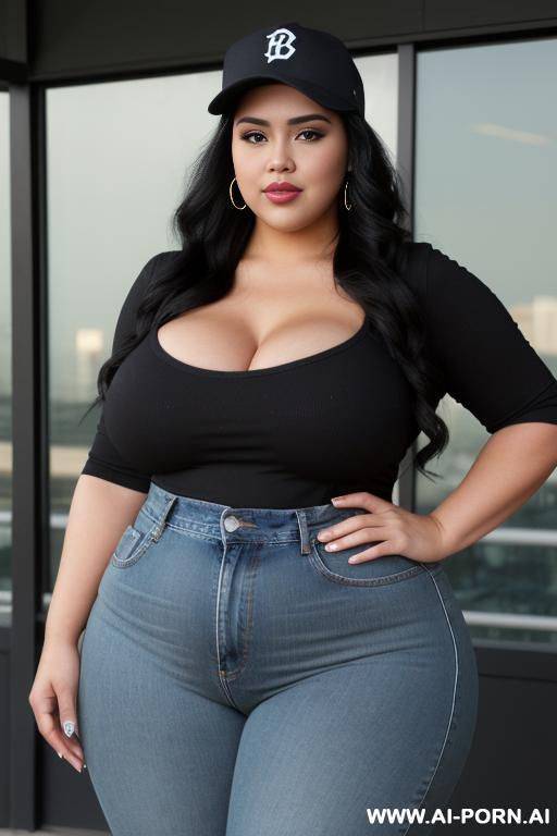 mexican, very plump bbw, extra thicc, bbw hips, pear shaped, hot, dimples, face, high rise jeans, baseball cap, long black hair - #main