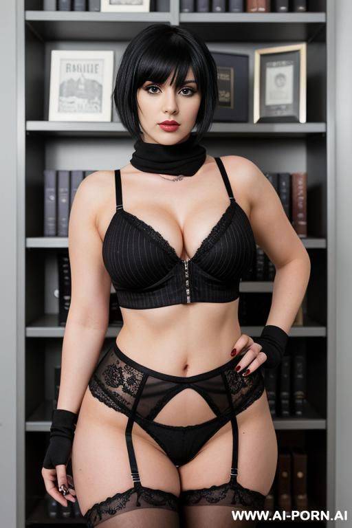 emo female version . she has short black hair with bangs and wears a short black top with a white skull pattern, from under which a t-shirt is visible. a short red vest with badges is - #main