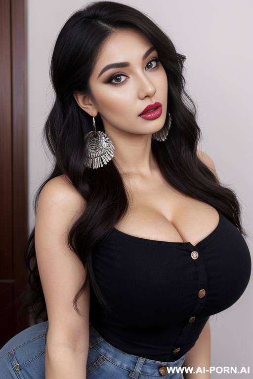 casual clothes, extremely pretty, makeup, full lips, button nose, ahegao, flowing hair, hoop earrings, big round boobs, tight waist, eye contact, looking at viewer - #main