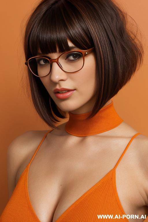 dark brown short bob with bangs hair, glasses, full body view, large shot - #main