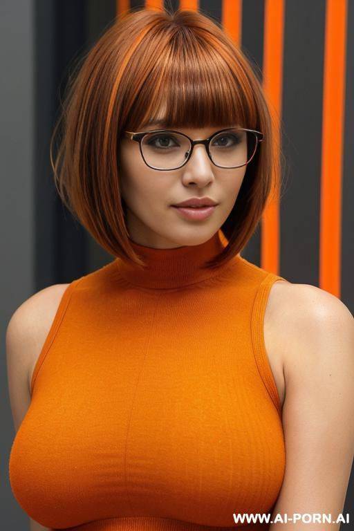 brown short bob with bangs hair, glasses, full body view, large shot - #main