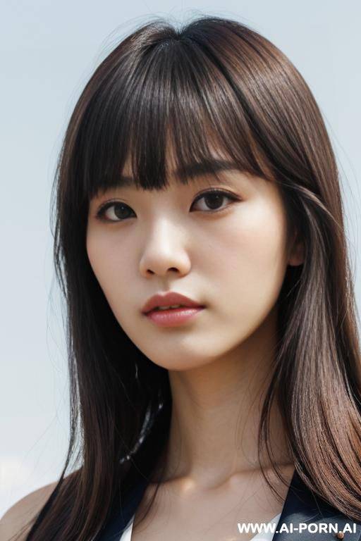 pov, directly opposite, (close up face:1.2), kawaii, pretty, (hair length:1.0), bangs, staring, serious face, fashionable clothes, outdoor, cloudless sky - #main
