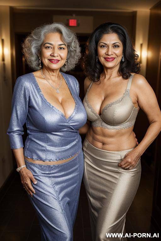 ((two old mature mad indian women standing together smiling at the camera)), locker room at a fancy luxurious gym, royal blue push up bra, photorealistic, indian ((perky breasts)), ((busty)), - #main