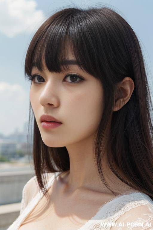 photograph, directly in front view, (close up face:1.3), kawaii, pretty, beautiful hair, (hair length:1.0), bangs, staring, serious face, fashionable clothes, outdoor, cloudless sky - #main