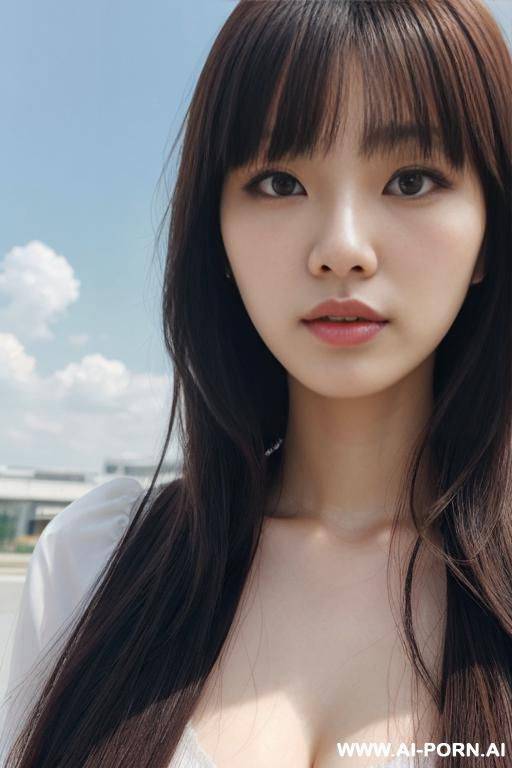 photograph, directly in front view, (close up face:1.3), perfect beauty, a peerless beauty, kawaii, pretty, beautiful hair, (hair length:1.0), bangs, staring, serious face, fashionable clothes, outdoor, cloudless sky - #main