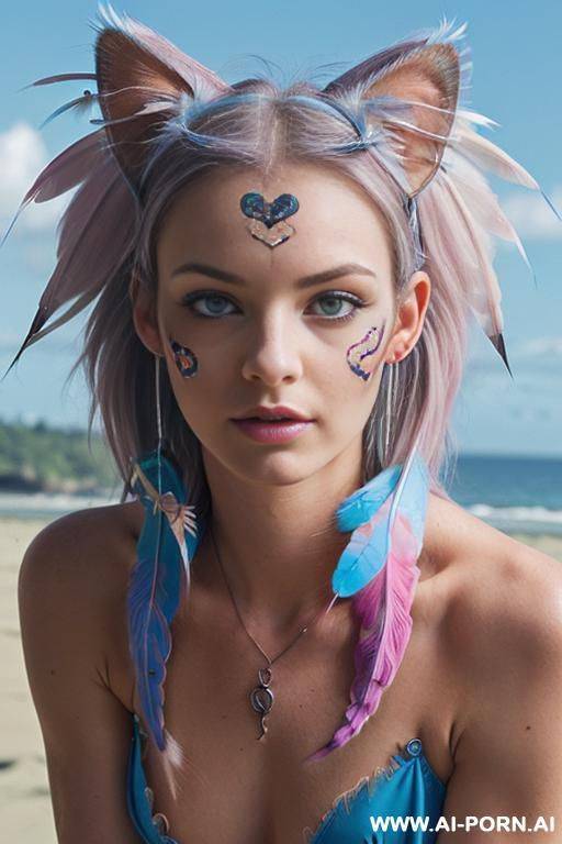 face, ((sexy)), beautiful, ((face painting)), ((bikini as seashell)), ((tattoo roses)), ((eyes shw)), ((angel wings)), ((rainbow hair)), ((one rose in hair) ((long bu hair)), ((wind)), (( cat face)), - #main