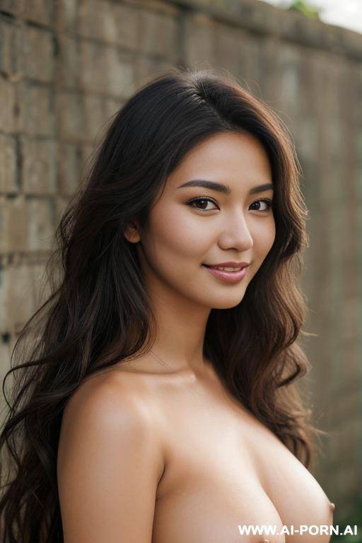 pretty, philippina, flowing wavy hair, dark brown hair, perfect natural boobs, slight smile, naked, walled garden background. - #main