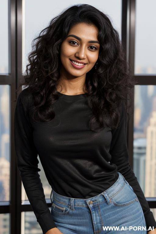 (((crew neck shirt))), long sleeve crew neck black shirt , standing in a fancy luxurious sky rise penthouse in manhattan, photorealistic, dark complexion, (ultra detailed photo), (hyper realistic photo) - #main