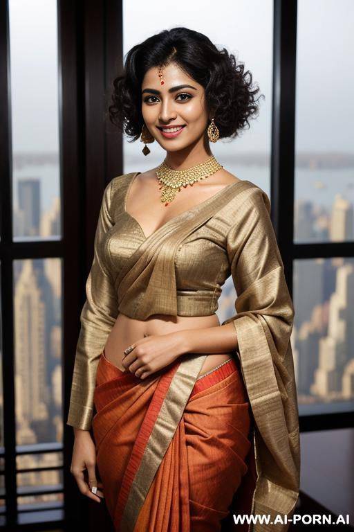 fancy colorful highly detailed long sleeve crew neck sari, standing in a fancy luxurious sky rise penthouse in manhattan, photorealistic, dark complexion, (ultra detailed photo), (hyper realistic photo) - #main