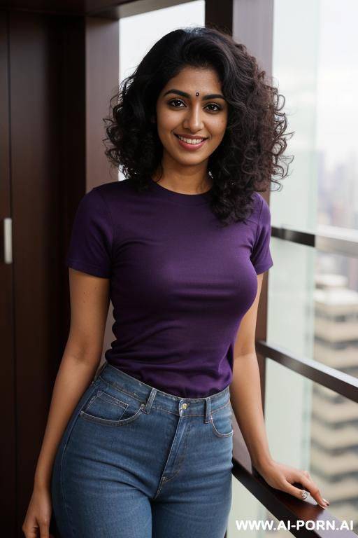 ((crew neck shirt)) , short sleeve crew neck purple shirt, standing in a fancy luxurious sky rise penthouse in manhattan, photorealistic, dark complexion, (ultra detailed photo), (hyper realistic photo) - #main