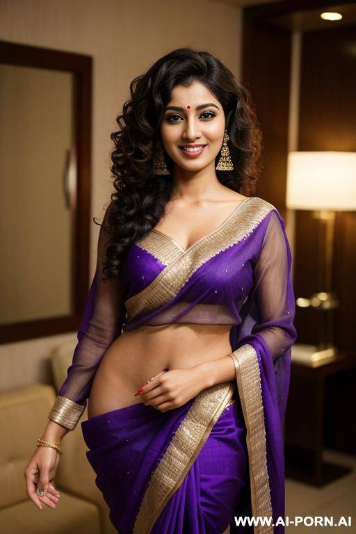 purple fancy long sleeve sari, standing in a fancy luxurious sky rise penthouse in manhattan, photorealistic, busty, dark complexion, (ultra detailed photo), (hyper realistic photo) - #main