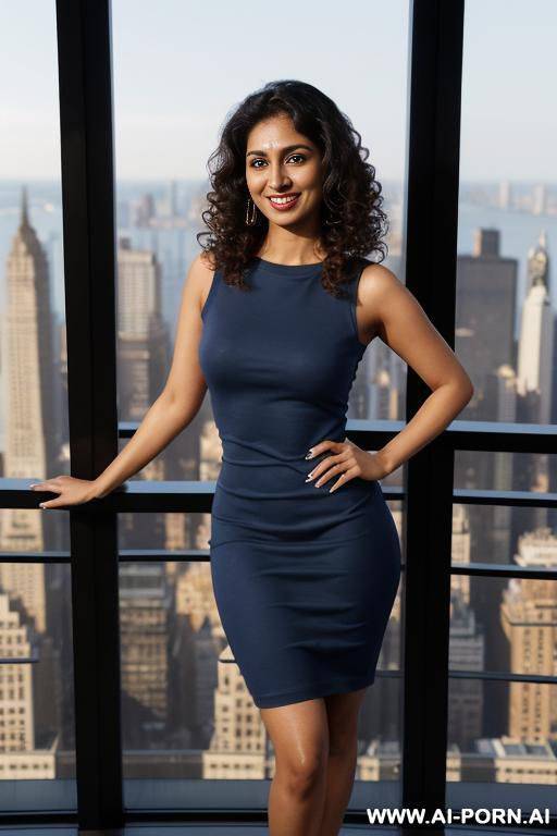((crew neck dress)), sleeveless crew neck blue dress, standing in a fancy luxurious sky rise penthouse in manhattan, photorealistic, busty, dark complexion, (ultra detailed photo), (hyper realistic photo) - #main