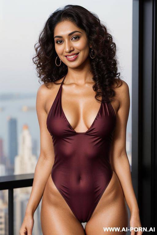 ((crew neck bodysuit bikini)), sleeveless crew neck shiny red bikini, standing in a fancy luxurious sky rise penthouse in manhattan, photorealistic, busty, dark complexion, (ultra detailed photo), (hyper realistic photo) - #main