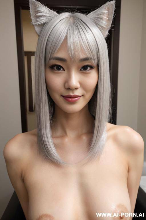 selfie, doe eyes, pretty face, perfect pretty, a peerless pretty, cosplay, (hair length:1), bangs, silver hair color, silver cat ear, proud face, naked, ((long nipples)), ((erect nipples)), room - #main