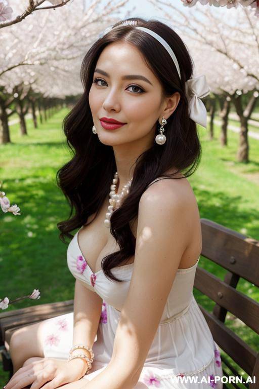 makeup, sexy smirk, pearl earrings, pearl pendant, hairband with bow, bracelets, flowered sun dress, sitting on bench - #main