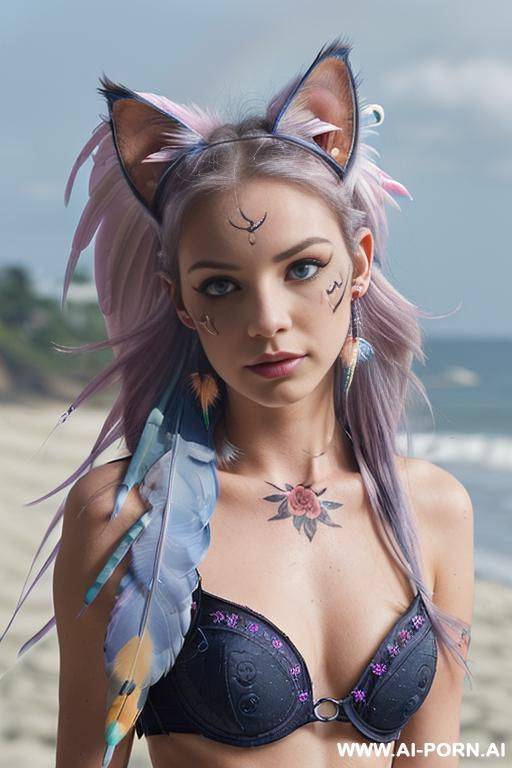 face, ((sexy)), beautiful, ((percing nose)), ((face painting)), ((bikini as seashell)), ((tattoo roses)), ((eyes shw)), ((angel wings)), ((rainbow hair)), ((one rose in hair) ((long bu hair)), ((wind)), - #main