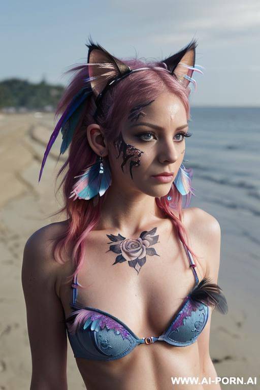 face, ((sexy)), beautiful, ((face painting)), ((bikini as seashell)), ((tattoo roses)), ((eyes shw)), ((angel wings)), ((rainbow hair)), ((one rose in hair) ((long bu hair)), ((wind)), (( cat face)), - #main