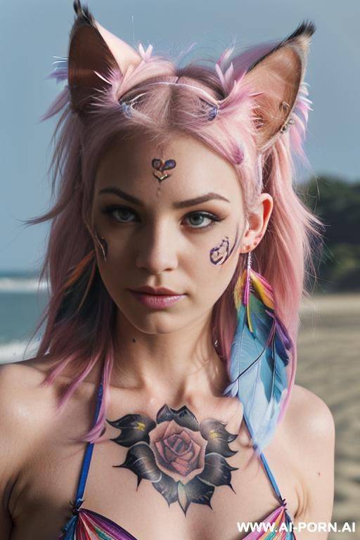 face, ((sexy)), beautiful, ((split hair color in 2)), ((percing nose)), ((face painting)), ((bikini as seashell)), ((tattoo roses)), ((eyes shw)), ((angel wings)), ((rainbow hair)), ((one rose in hair) - #main