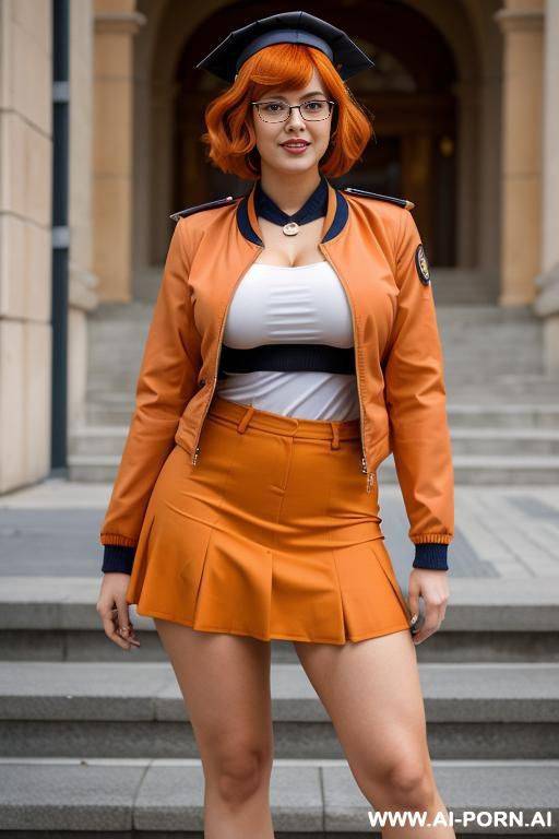 orange dye short bob with bangs, slight wavy hair, glasses, full body view, hourglass figure, massive boobs, spreading legs - #main