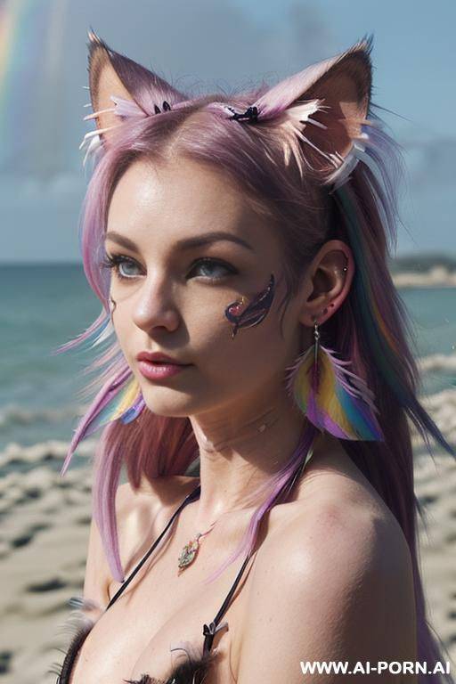 face, ((sexy)), beautiful, ((split hair color in 2)), ((percing nose)), ((face painting)), ((bikini as seashell)), ((tattoo roses)), ((eyes shw)), ((angel wings)), ((rainbow hair)), ((one rose in hair) - #main