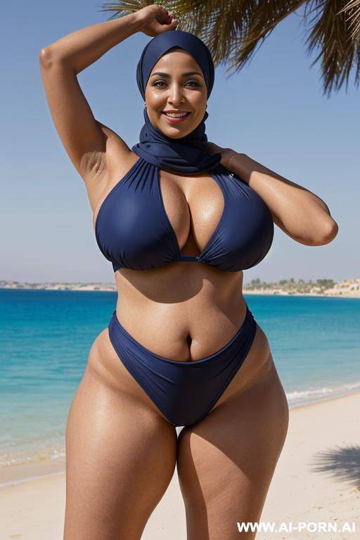 fourty year old egyptian queen wearing a dark blue hyjab swimsuit, (hyjab), beach, (((massive enormous breasts))), ((huge butt)), (showing armpits), smiling, photorealistic, full body view, ((chubby)), (wide hips), (squatting), (view from below) - #main