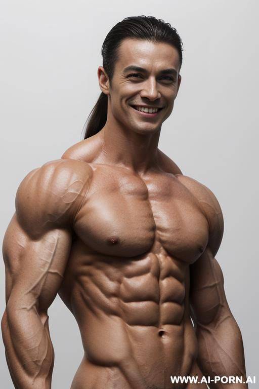 (white background), closeup view exaggarating muscle size and definition, (naked), (nude). (white pallid skin). hard & pallid, (extremely beautiful gaunt womans face with high cheekbones like muscular - #main