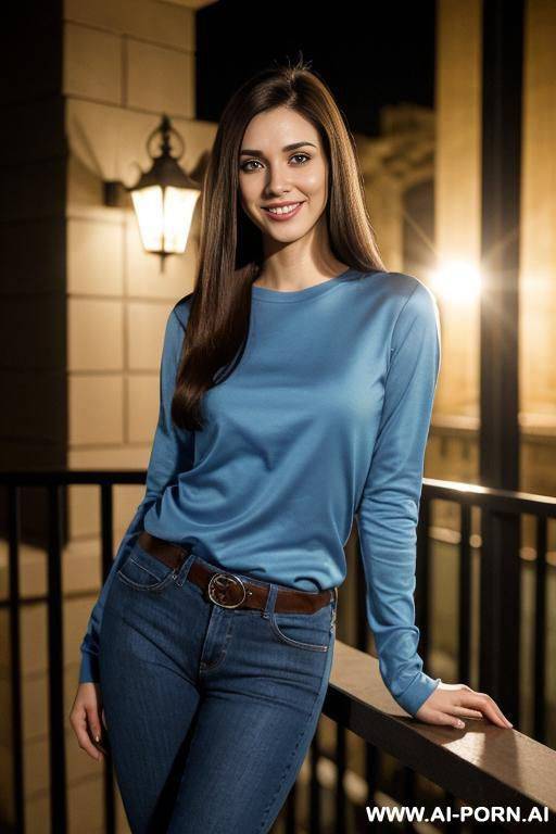 (crew neck shirt), long sleeve crew neck blue shirt, balcony of modern mansion, night time , lean, (photorealistic) (brunette texan), (ultra detailed photo), (hyper realistic photo), asin - #main