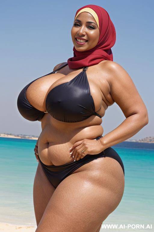 fourty year old egyptian queen wearing bikini hyjab, (hyjab), beach, (((massive enormous breasts))), ((huge butt)), ((showing armpits)), smiling, photorealistic, full body view, ((chubby)), (wide hips) - #main