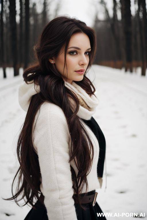 pretty, hungarian, 30, narrow face, flowing messy hair, dark brown hair, winter background. - #main