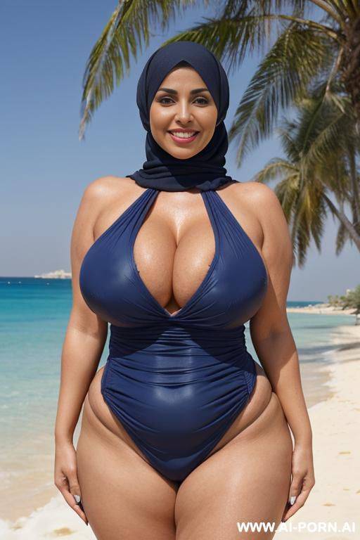 fourty year old egyptian goddess wearing darkblue full body swimsuit hyjab, (((massive tits))), ((hyjab)), beach, (((massive enormous breasts))), ((huge butt)), ((showing armpits)), smiling, photorealistic, - #main