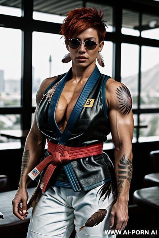 a female bodybuilder with oversized veiny gigantic biceps tattooed wearing a black leather vest showing breasts and black leather hotpants with a bald head and aviator mirror sunglasses and huge fake breasts - #main