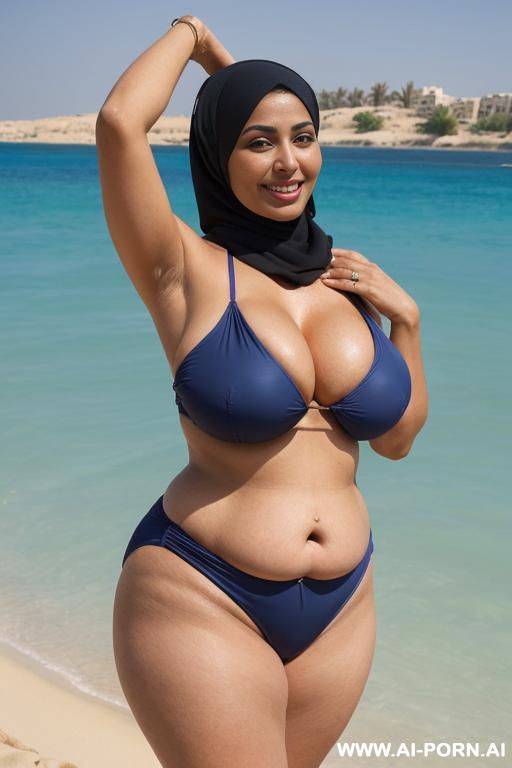 fourty year old egyptian goddess wearing darkblue full body swimsuit hyjab, ((hyjab)), beach, (((massive tits))), ((huge butt)), ((showing armpits)), smiling, photorealistic, full body view, ((chubby with fat arms)), (wide hips) - #main