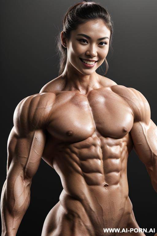 (muscle lab background), closeup view exaggarating muscle size and definition, (naked), (nude), ((1 woman only)), (white pallid skin). hard & pallid, ((very beautiful japanese womans face with high - #main