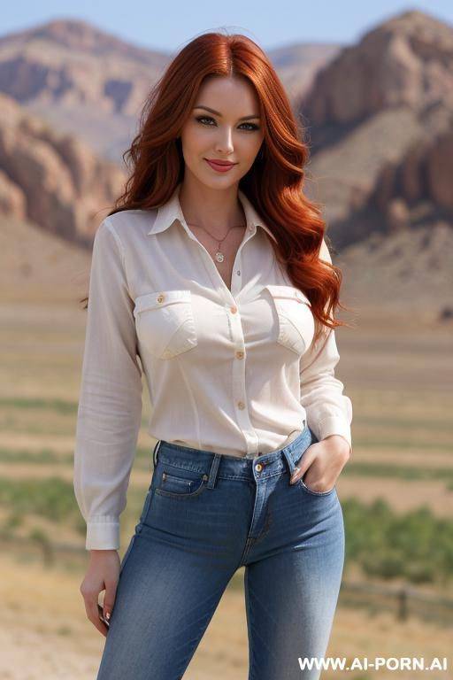 pretty, hungarian, 30, narrow face, flowing wavy hair, auburn hair, white skin, natural boobs, slight smile, makeup, blusher, standing, spreading legs, jeans, check shirt, nevada background. - #main