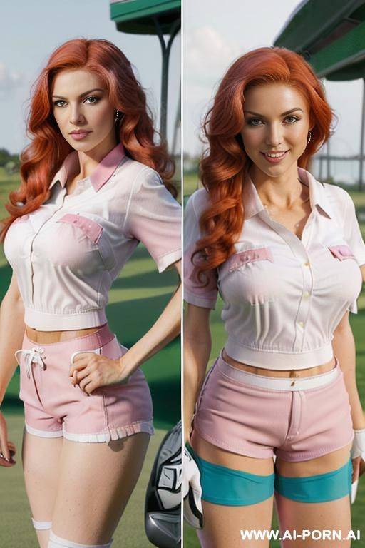 (((enormous perfect natural tits))); (((((((pink shorts, white shirt))))))); ((((((golf driving range))))); beautiful green eyes, athletic, ((((seductive loving perfect face)))), (masterpiece), best quality, - #main