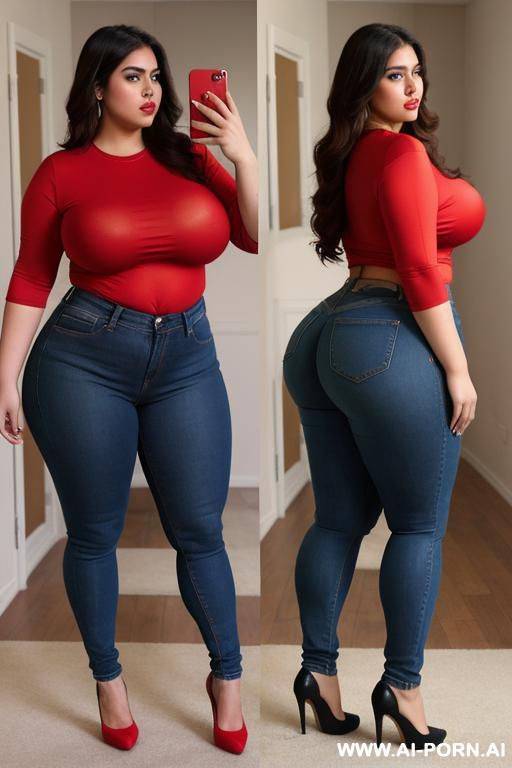 very mexican, supermodel, pear shaped, high rise jeans, wide hips, tight red tshirt, thicc bbw - #main