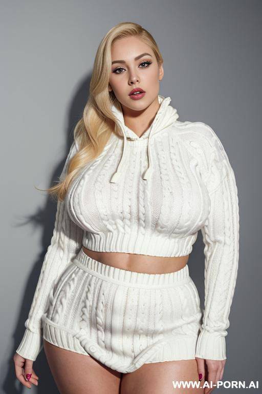 (hypnotic starring at the viewer, eye contact), (thick plump body), (((limewhite skin))), (((wide hips))), ((enormous narrow waist)), (((full lips))), (very massive oversized boobs), (((extremely long oversized pullover))) - #main