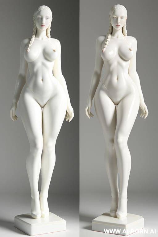 porcelain white skin turned into statue, very fit hourglass figure standing naked, extremely wide hips fit waist, porcelain statue wide pelvis , wide inner gap between legs, very wide crotch-gap glimpse, full body head to toe - #main