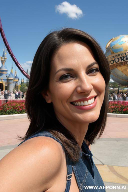 (suburban mom) (close up) (smiling) (bending down) (famous theme park) - #main