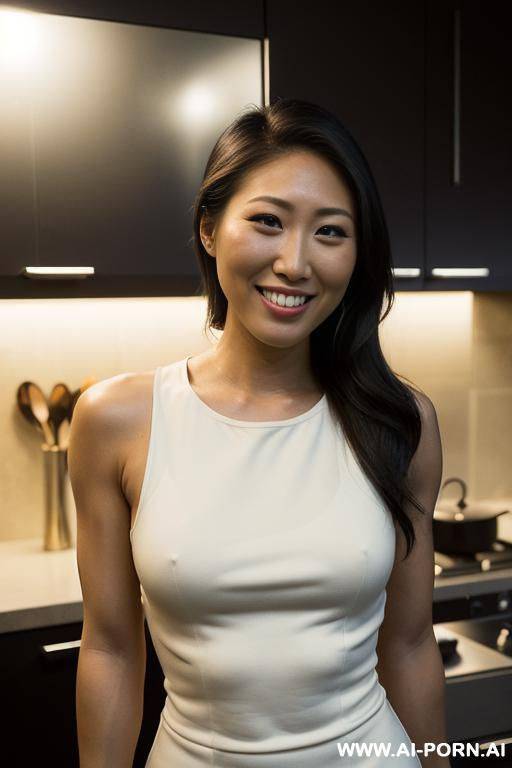 sleeveless crew neck dress, modern mansion kitchen, night time, (photorealistic), (ultra detailed photo), (hyper realistic photo), ( dichen lachman ) - #main