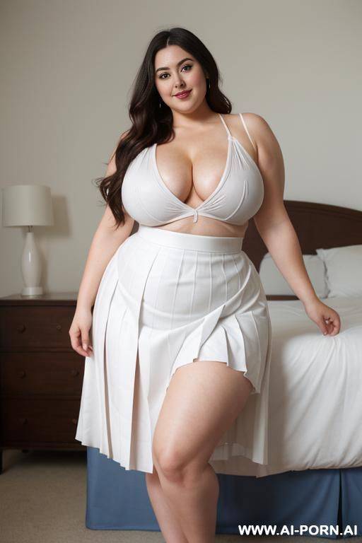 slightly chubby, white shirt, low cut, natural boobs, blue pleated skirt, thicc thighs, seductive, bedroom, arms over head, standing up - #main