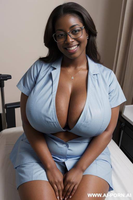 (((((massive breasts))))), sagging breasts, full body shot, looking at the camera, nerdy, thick, 20 year old, very dark skinned, sitting in a hospital bed, smiling, wearing a doctors uniform - #main