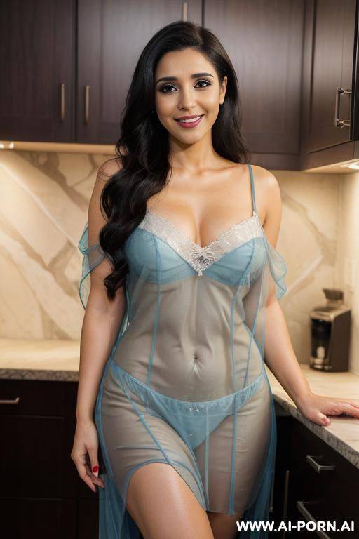 sheer nightgown , modern mansion kitchen, night time, (photorealistic), (ultra detailed photo), (hyper realistic photo), (asin ) (busty) - #main