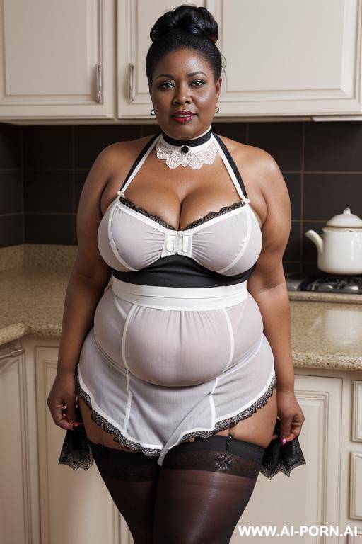 obese matured very old black gilf, very fat, very large hips, very plump, extra thicc, wrinkles, wrinkled skin, aging marks, hair bun, french maid outfit, french maid, maid, soubrette, extremely gigantic boobs, choker, perfect eyes, kitchen, waist shot - #main