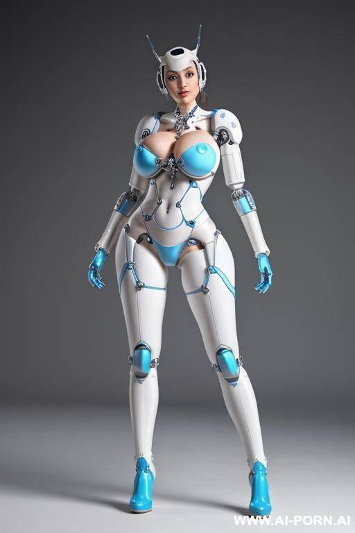 beautiful realistic (( cetaur- schemale fully robotic meccanic body standing four legs)), detaleid face, total skin in latex white and skyblue plated color, covered to latex, to boots, to beautiful robotic hand hd image quality, ((no background)). - #main
