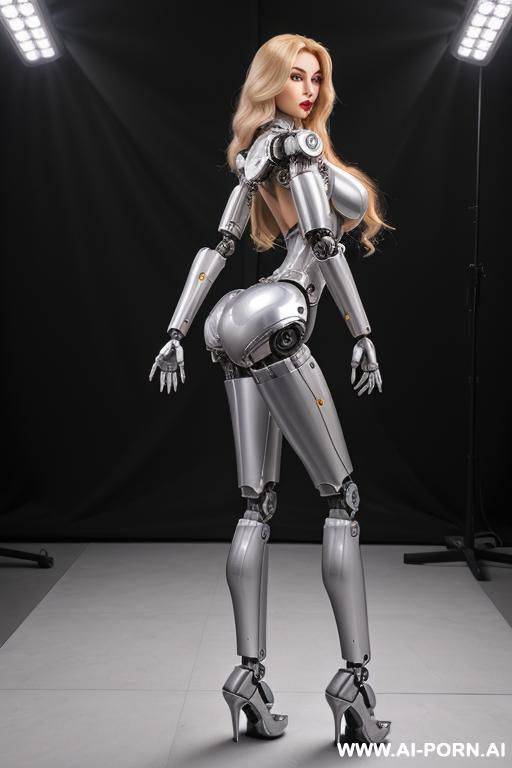 sexbot, side view, full body view, standing, sticking out the ass, hands on spaceship control desk, looking at viewer, beautiful seductive human face with tanned silicone skin, long straight blonde - #main