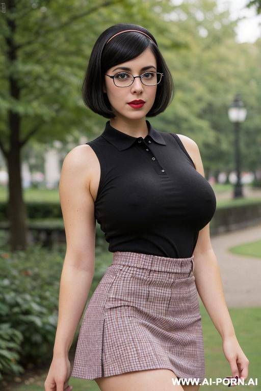 cutie babe face, busty, big natural boobs, dark hair, 10s style, vintage style, retro checkered polo. short skirt. thick, shorty, nerdy, nerd, glasses, short bob hairstyle. dark black bob, thick - #main